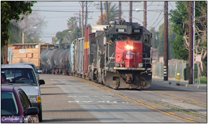 UP 588 with a large Marlboro switcher making the transition from Santa Ana Street to Olive Street