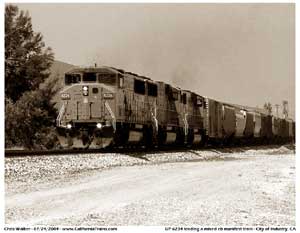 UP 6234 leading an eastbound mixed manifest through the City of Industry, east of Fullerton Road.