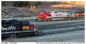 BNSF power is moved around the balloon track on the east end of the yard passing UP 2657