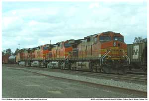 BNSF engines sit on the east end of the yard awaiting departure with an M-WCLBAR