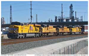 UP 5338 leading a loaded stack train out of the harbor area towards CP Long Beach Jct.
