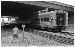 The end of the excursion with the Silver Lariat trailing under the 5 Freeway approaching Irvine station