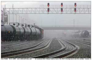 Just across the Alameda Corridor from PHL 42 was an eastbound BNSF ethanol train pulling out of the Lomita Ethanol facility in Carson, CA. - Still raining.